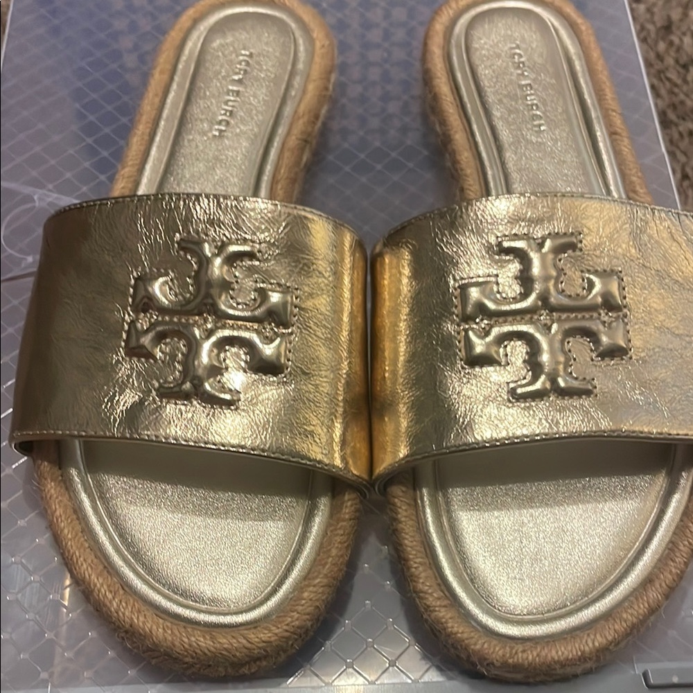 NEW Tory Burch Everly Espadrille Metallic Gold Slides